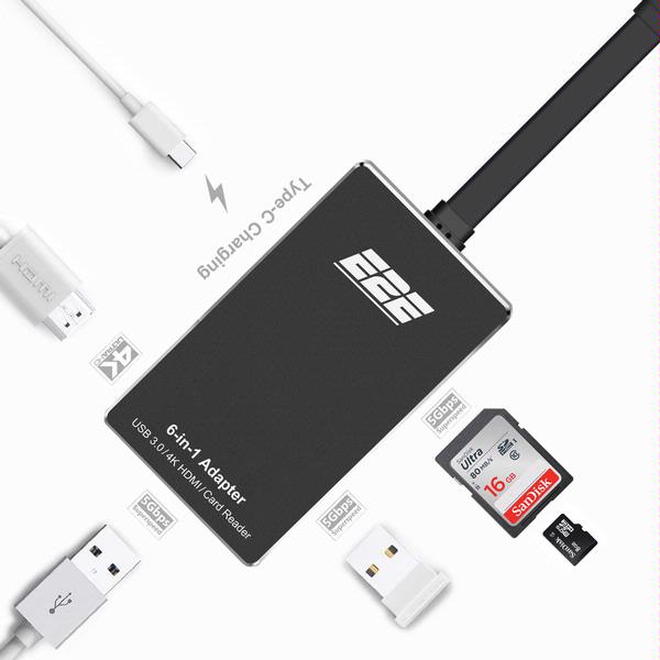 E2E Black USB 3.1 Type-C to 4K HDMI USB 3.0 Port USB-C Charging and SD Card Reader 6-IN-1 Adapter Hub